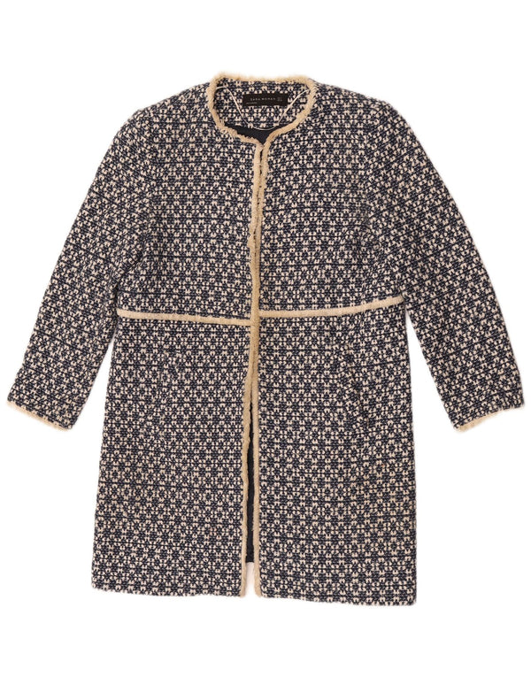 Zara Womens Open Overcoat UK 12 Mellem marineblå geometrisk bomuld