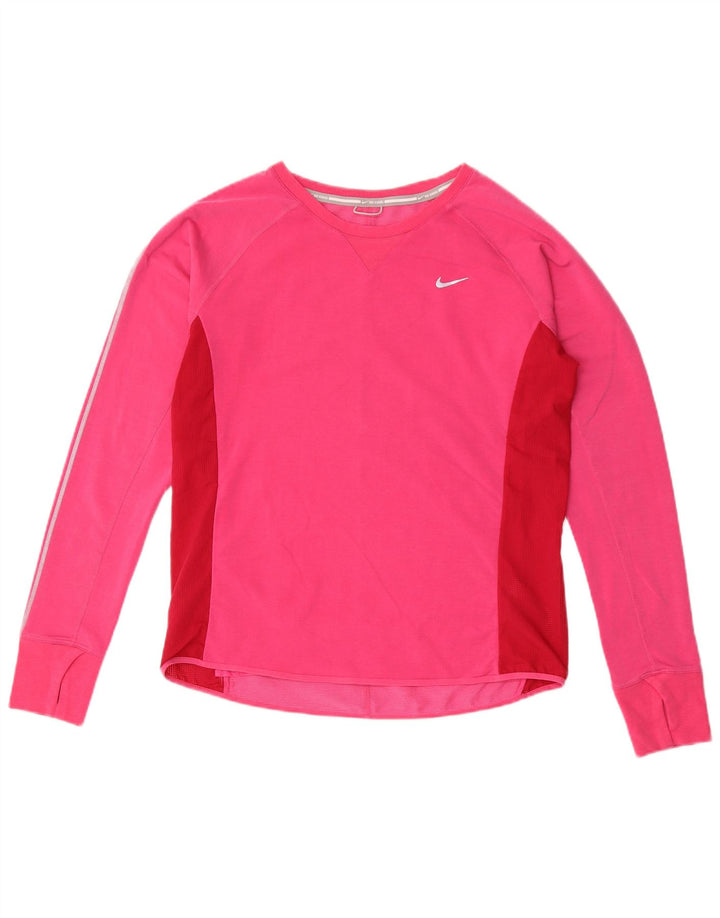 Nike Dame Dri Fit Top Langærmet UK 14 Medium Pink Colourblock Lyocell