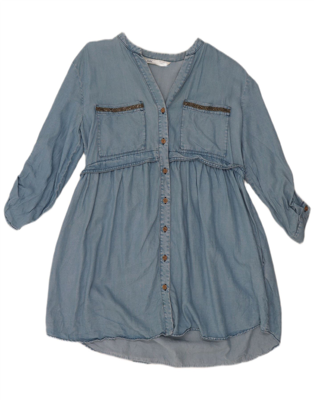 Zara Dame 3/4-ærmet denimkjole UK 14 Medium Blue Lyocell