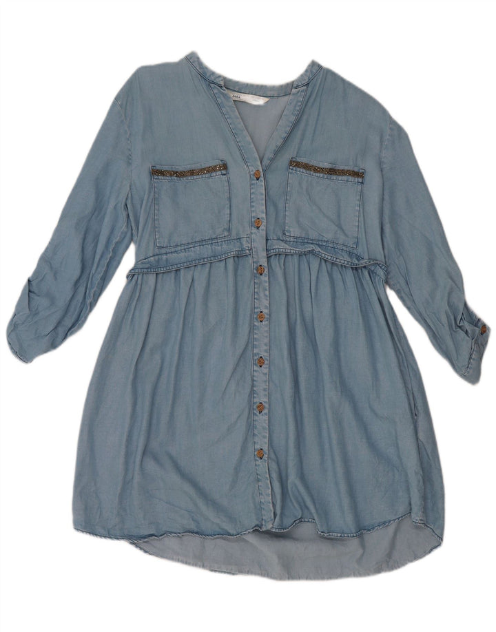 Zara Dame 3/4-ærmet denimkjole UK 14 Medium Blue Lyocell