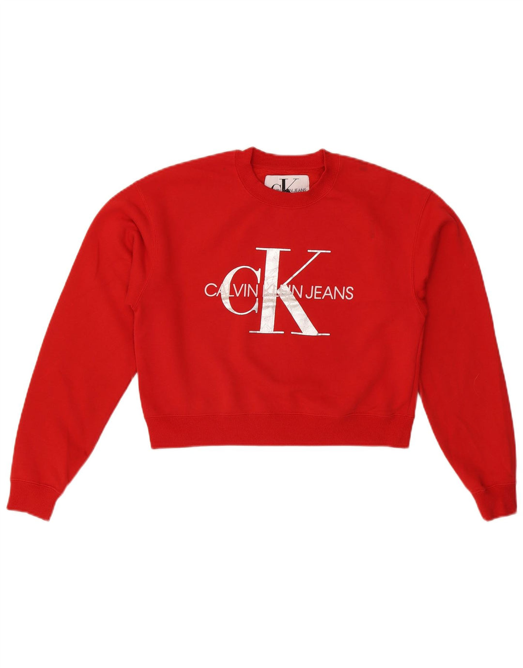 CALVIN KLEIN JEANS Dame Oversized Crop Sweatshirt Jumper UK 6 XS Rød