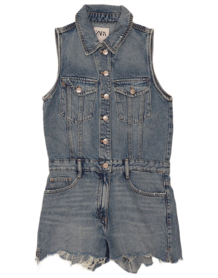 Zara Dame Ærmeløs Denim Playsuit UK 10 Small Blue Cotton