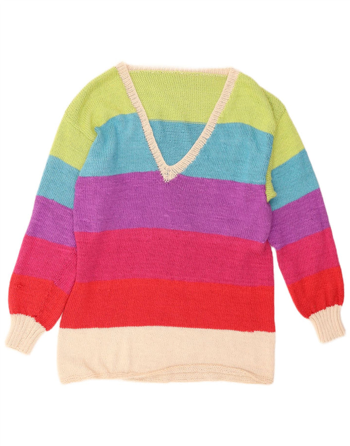 VINTAGE Dame V-hals sweater UK 12 Medium Flerfarvet Stribet
