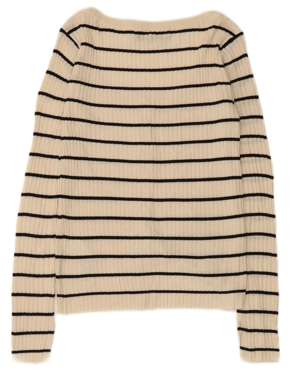 Zara Dame Cardigan Sweater UK 8 Small Beige Stribet Akryl