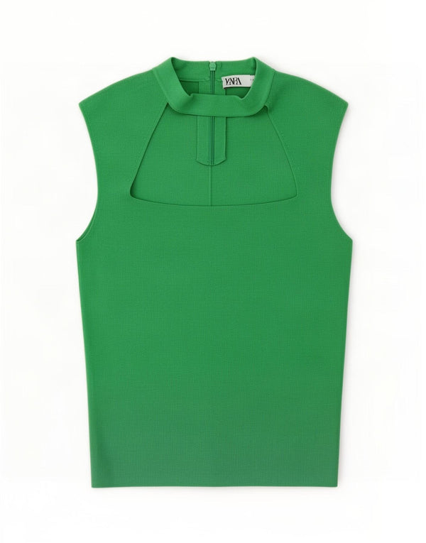 Zara Womens Crop ærmeløs bluse Top UK 10 Small Green Viscose