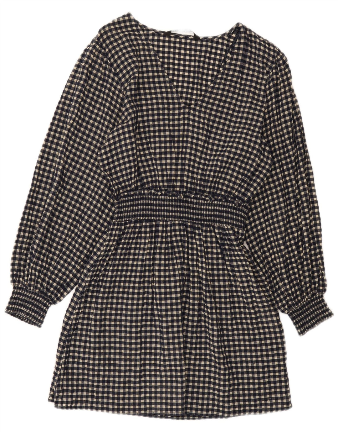 Zara Dame Langærmet Basic Kjole UK 10 Small Navy Blue Gingham Cotton