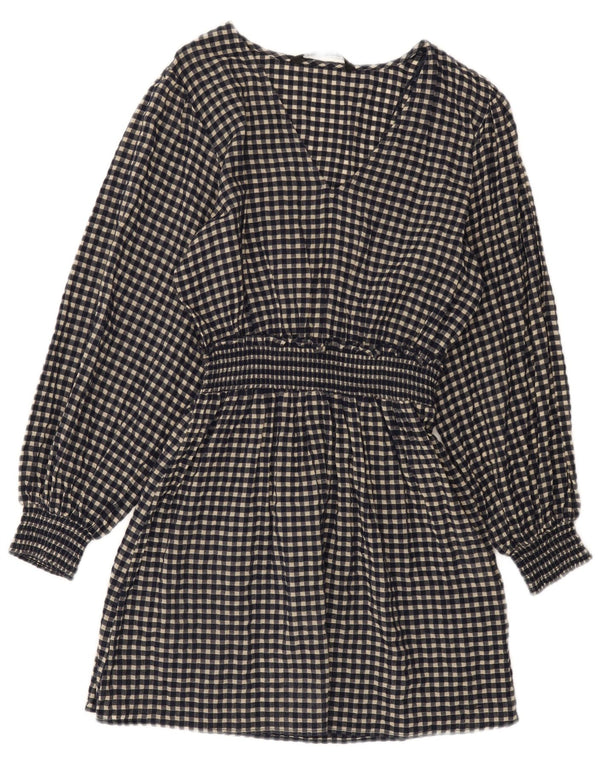 Zara Dame Langærmet Basic Kjole UK 10 Small Navy Blue Gingham Cotton