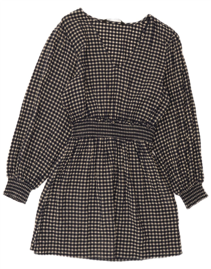 Zara Dame Langærmet Basic Kjole UK 10 Small Navy Blue Gingham Cotton