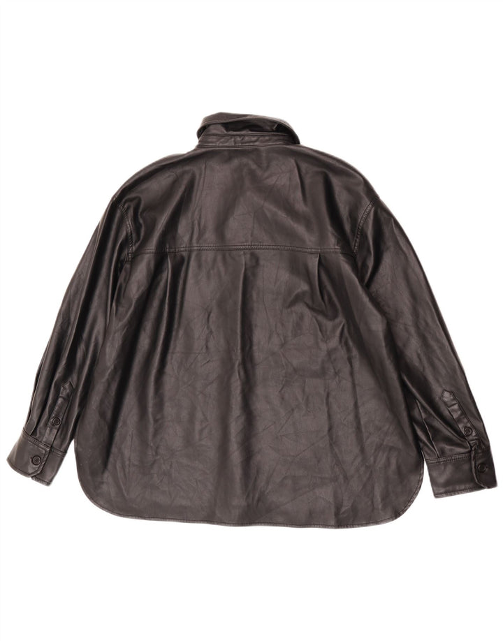 Zara Dame imiteret læder skjorte UK 14 Medium Sort Polyester