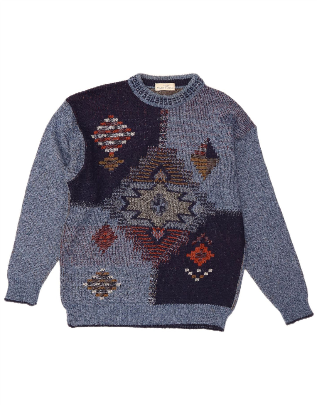 St Michael Herre Crew Neck Jumper Sweater lille blå geometrisk akryl