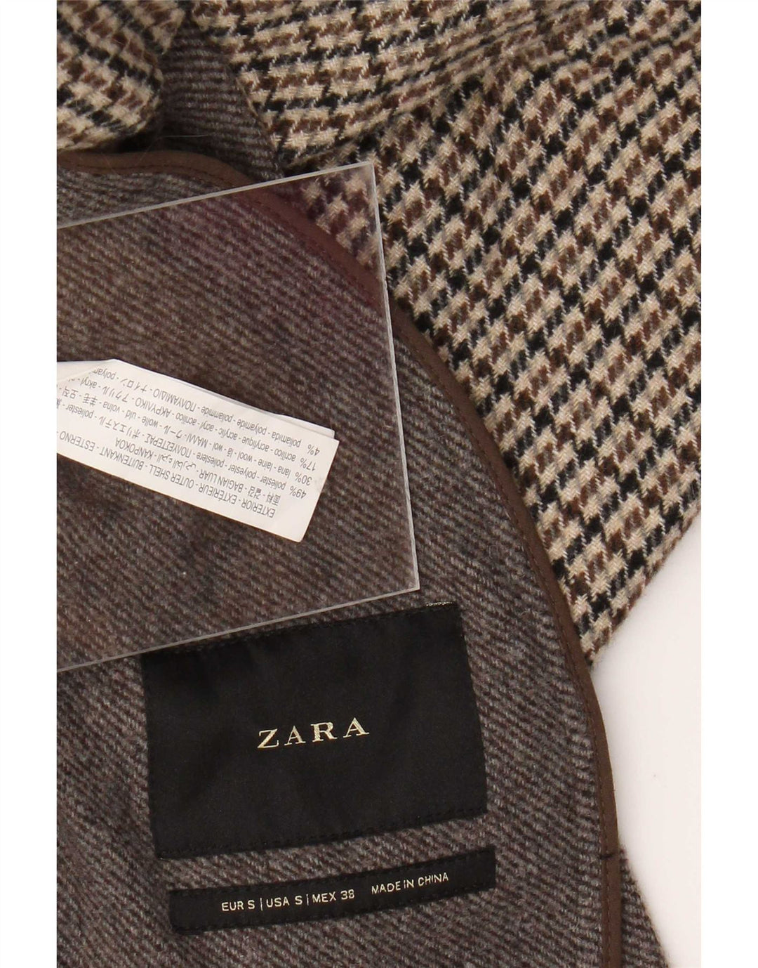 Zara Overfrakke til mænd UK 36 Small Brown Houndstooth Polyester