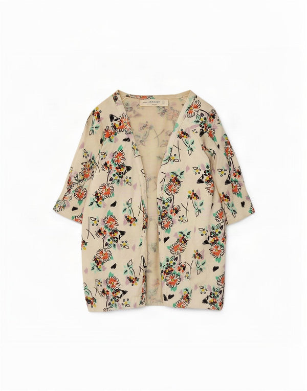 Zara Dame 1/2 ærmet åben cardigan sweater UK 14 Medium Off White Floral