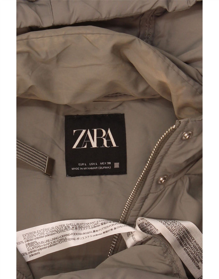 Zara Dame Hætte ærmeløs polstret frakke UK 16 Large Grå Polyester