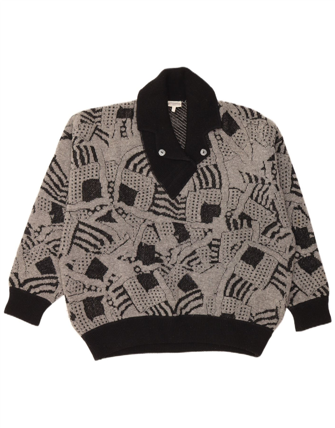 VINTAGE Dame Shawl Neck Jumper Sweater UK 16 Stor Grå Geometrisk