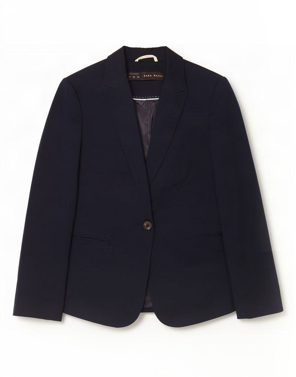 Zara Dame 1 Knap Blazer Jakke UK 6 XS Marineblå Bomuld