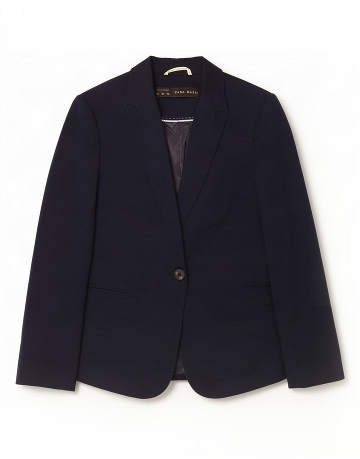 Zara Dame 1 Knap Blazer Jakke UK 6 XS Marineblå Bomuld