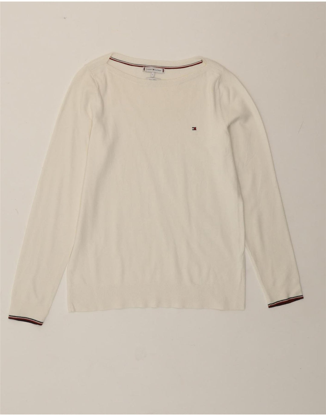 Tommy Hilfiger Dame Boat Neck Jumper Sweater UK 10 Small Off White Bomuld