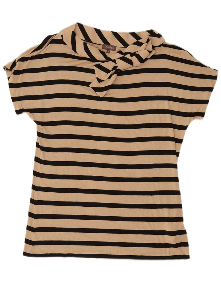 FASE otte kvinders sløjfebluse top UK 12 Medium beige stribet viskose