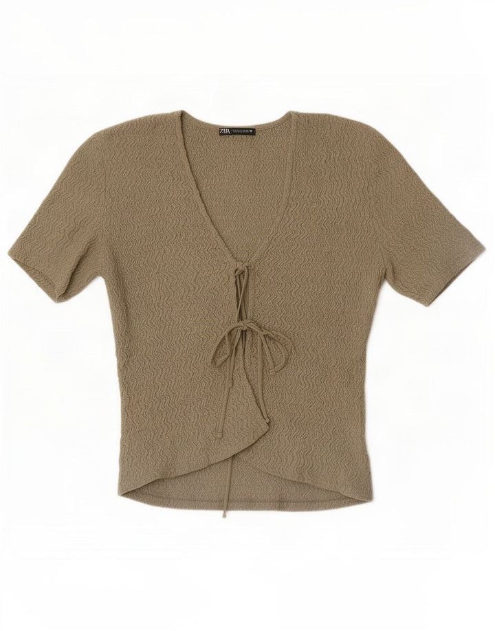 Zara Kortærmet Crop Top UK 8 Small Khaki Polyester