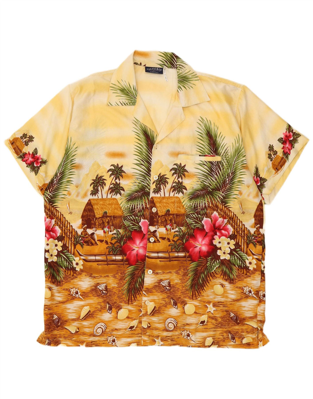 Pacific & Co Herre Hawaii kortærmet skjorte Stor gul blomstret polyester