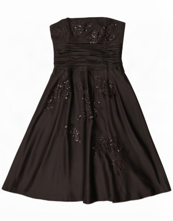 Monsoon Womens Strapless Dress UK 14 Large Black Floral Silk