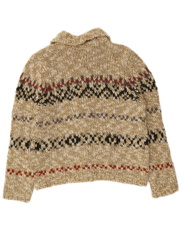 Benetton Dame Cardigan Sweater UK 14 Medium Green Fair Isle Wool