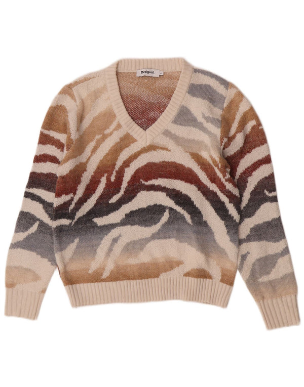 Desigual Dame V-hals sweater UK 6 XS Flerfarvet dyreprint