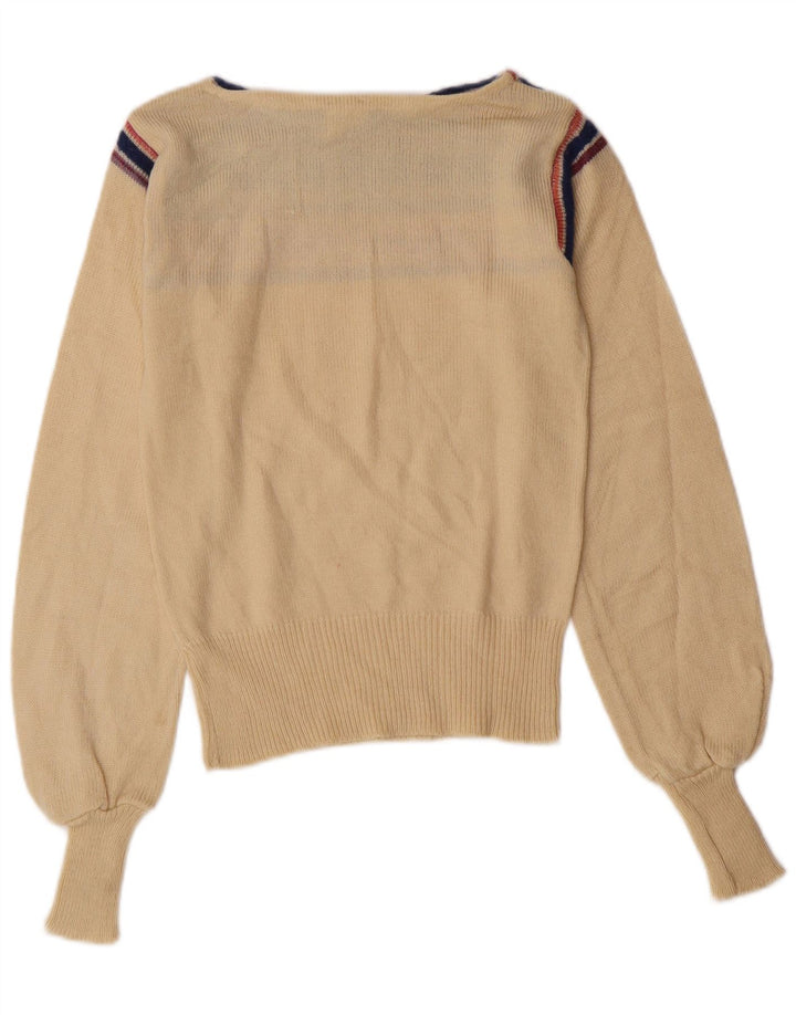 VINTAGE Dame Boat Neck Sweater IT 42 Medium Off White Geometrisk