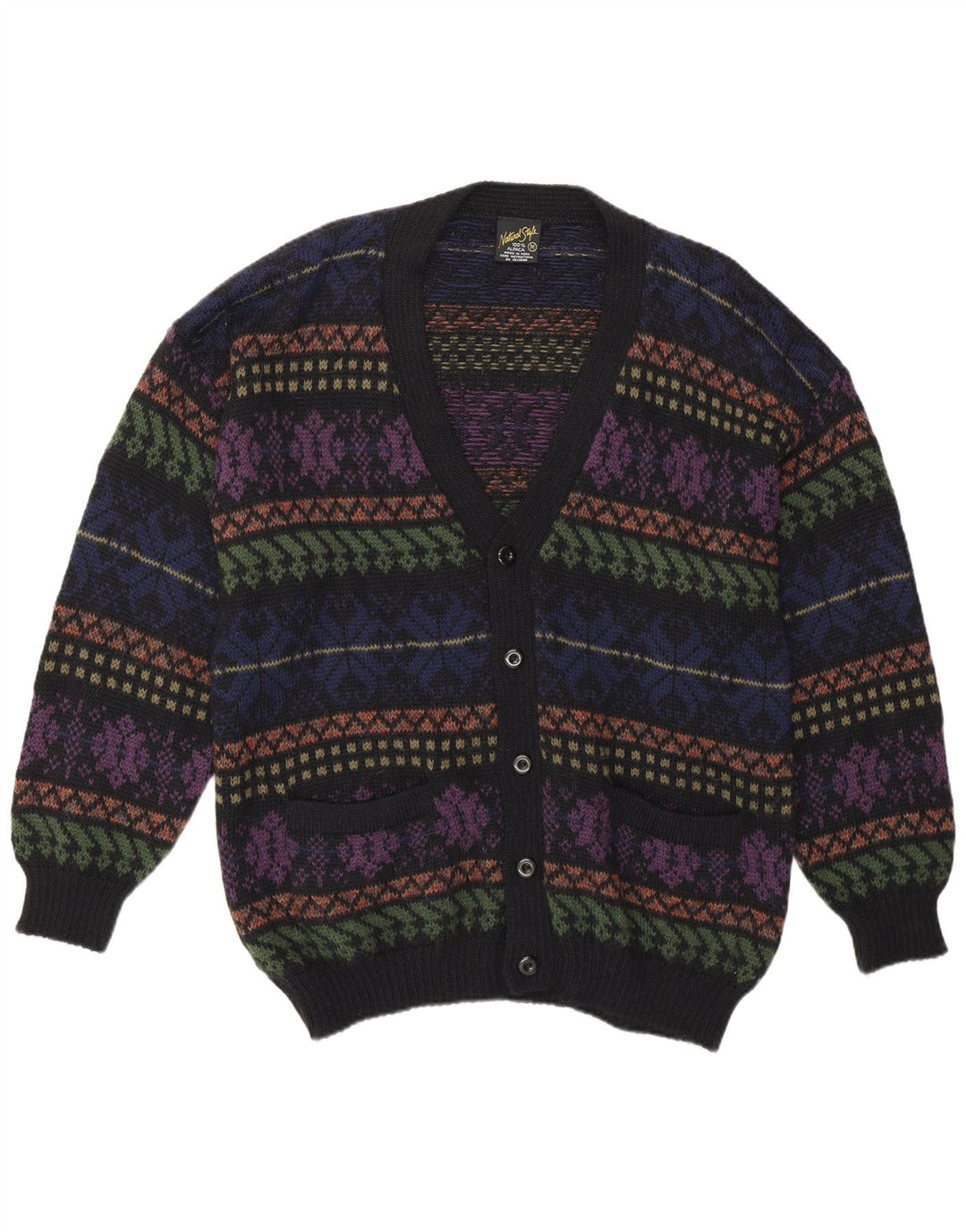 Vintage herre cardigan sweater Medium Flerfarvet Fair Isle Alpaca Uld
