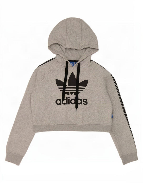 Adidas Womens Crop Graphic Hoodie Jumper UK 12 Medium Grey Colourblock