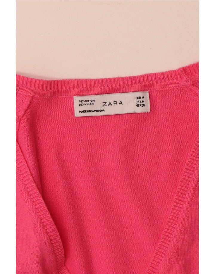 Zara Dame Cardigan Sweater UK 12 Medium Pink Bomuld