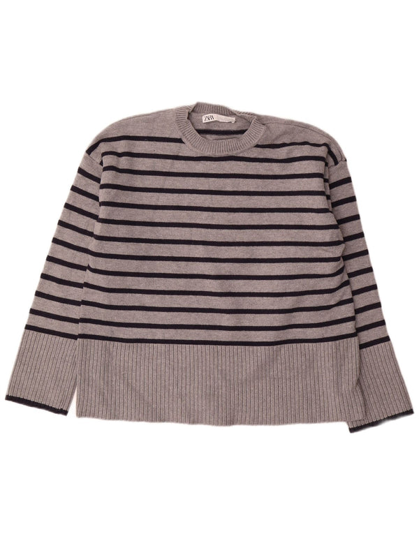 Zara Dame Oversized Crew Neck Jumper Sweater UK 10 Små grå stribet