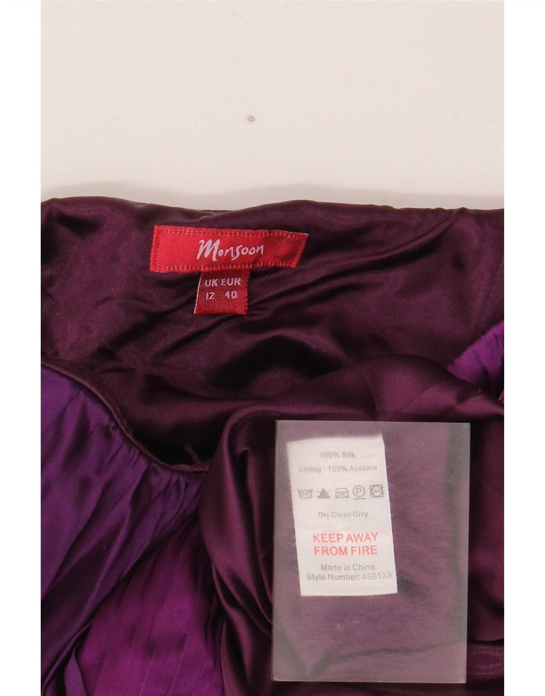Monsoon Dame Stropløs Kjole UK 12 Medium Lilla Colourblock Silke