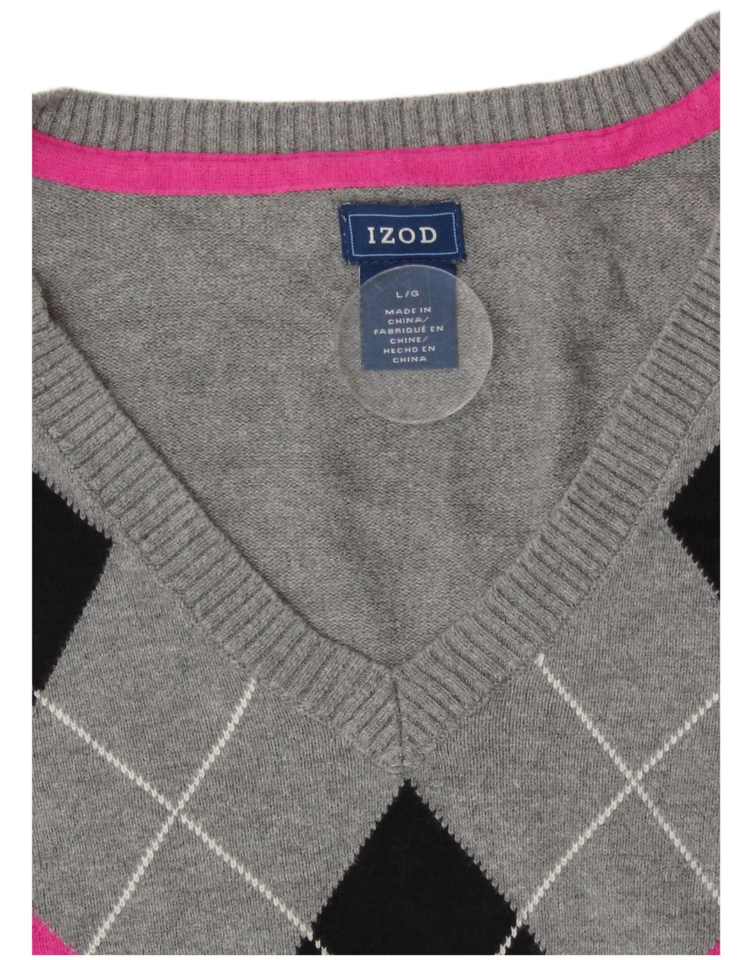 Izod Dame V-hals sweater UK 14 Large Grey Argyle/Diamond