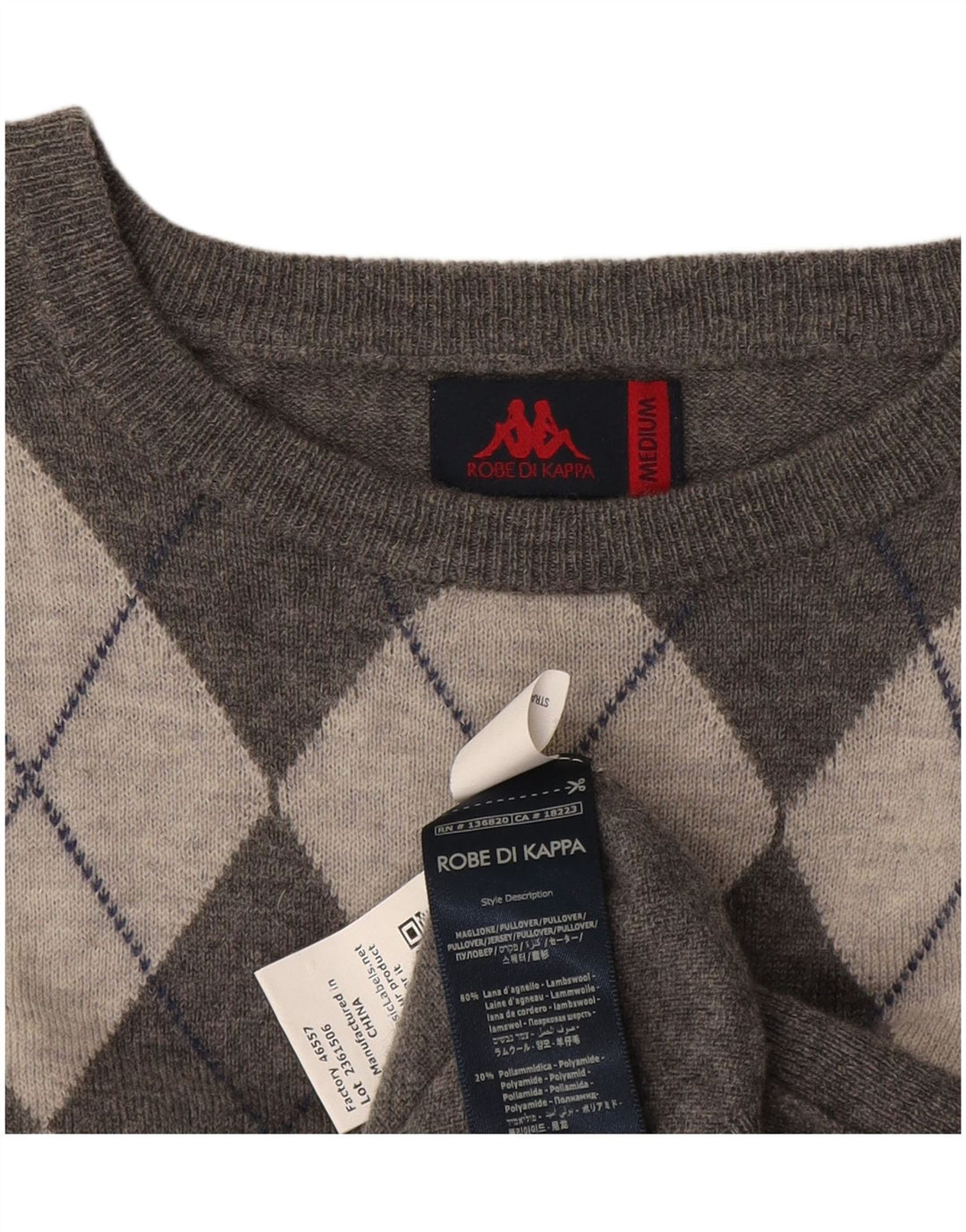 Kappa Herre Boat Neck Jumper Sweater Medium Grey Argyle/Diamond Wool