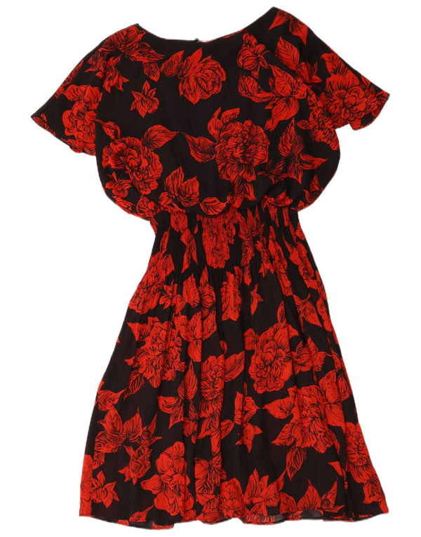 Vintage Kvinder A-Line Kjole UK 20 2XL Sort Blomster