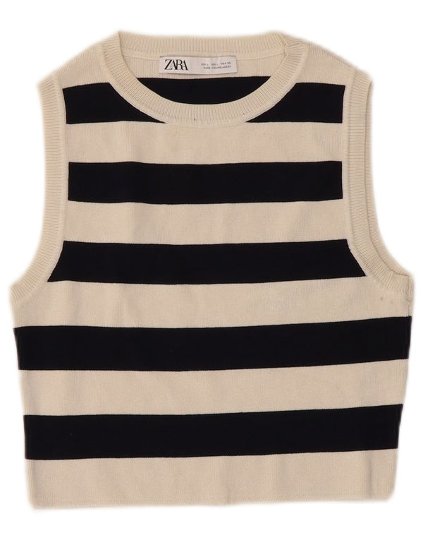 Zara Womens Crop Vest Tank Top UK 14 Stor hvid stribet viskose