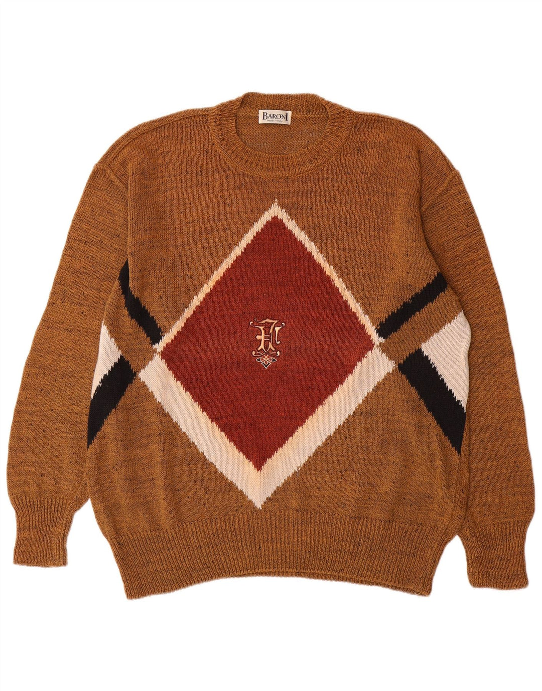 Baroni Herre Crew Neck Jumper Sweater IT 42 Large Brown Argyle/Diamond Linen