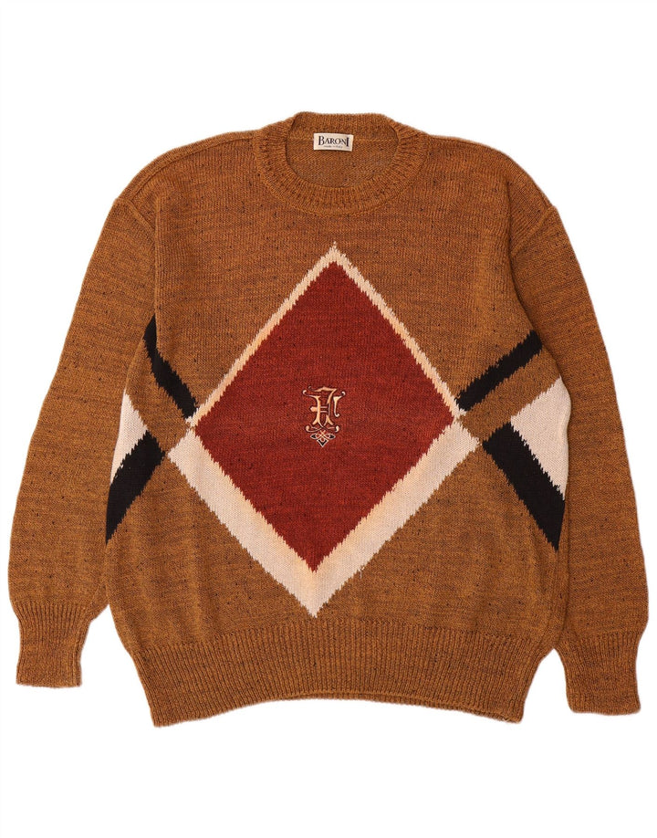 Baroni Herre Crew Neck Jumper Sweater IT 42 Large Brown Argyle/Diamond Linen