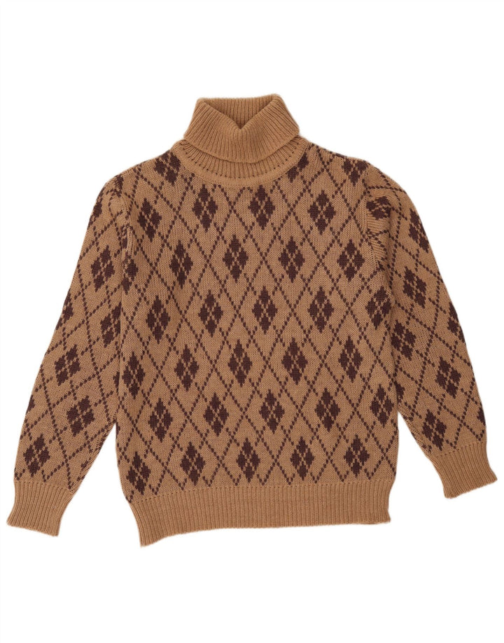 VINTAGE Dame Rullehals Sweater UK 18 XL Brun Argyle/Diamond