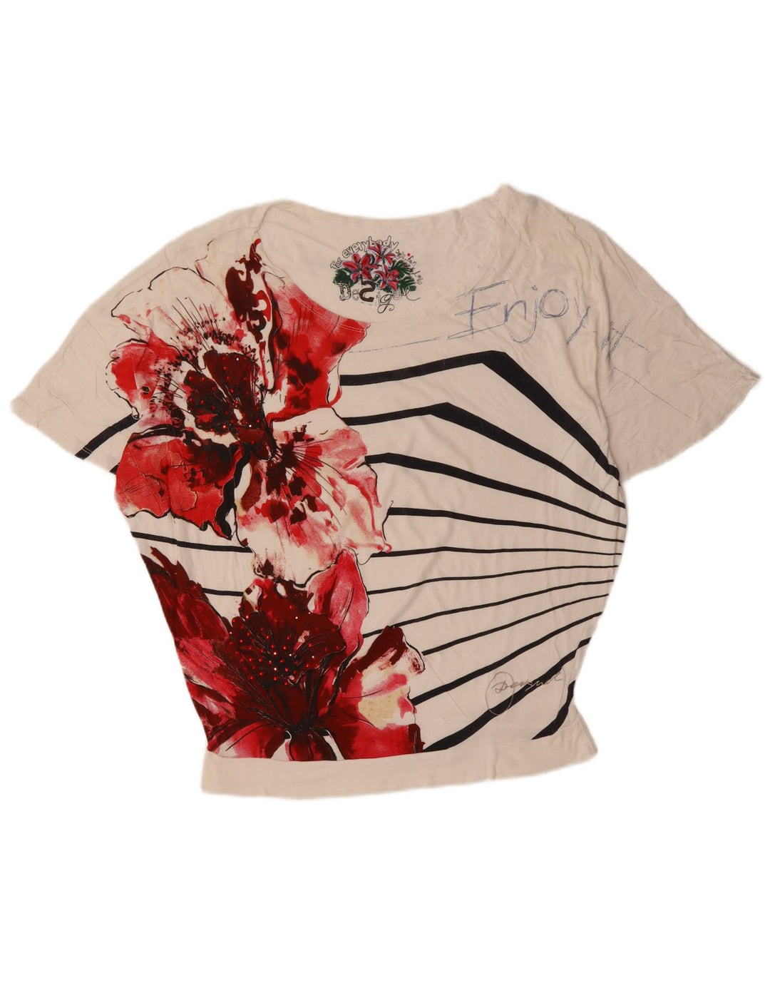 DESIGUAL Grafisk T-shirt top til kvinder UK 16 Stor hvid blomstret bomuld