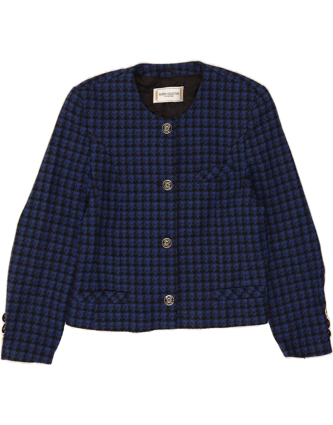 VINTAGE Womens Crop 4 Button Blazer Jacket UK 14 Medium  Blue Houndstooth Vintage Vintage and Second-Hand Vintage from Messina Hembry 