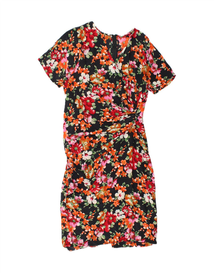 VINTAGE Womens Sheath Dress UK 12 Medium Black Floral Silk