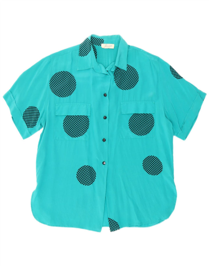 Vintage kortærmet skjortebluse til kvinder IT 42 Mellemblå geometrisk silke