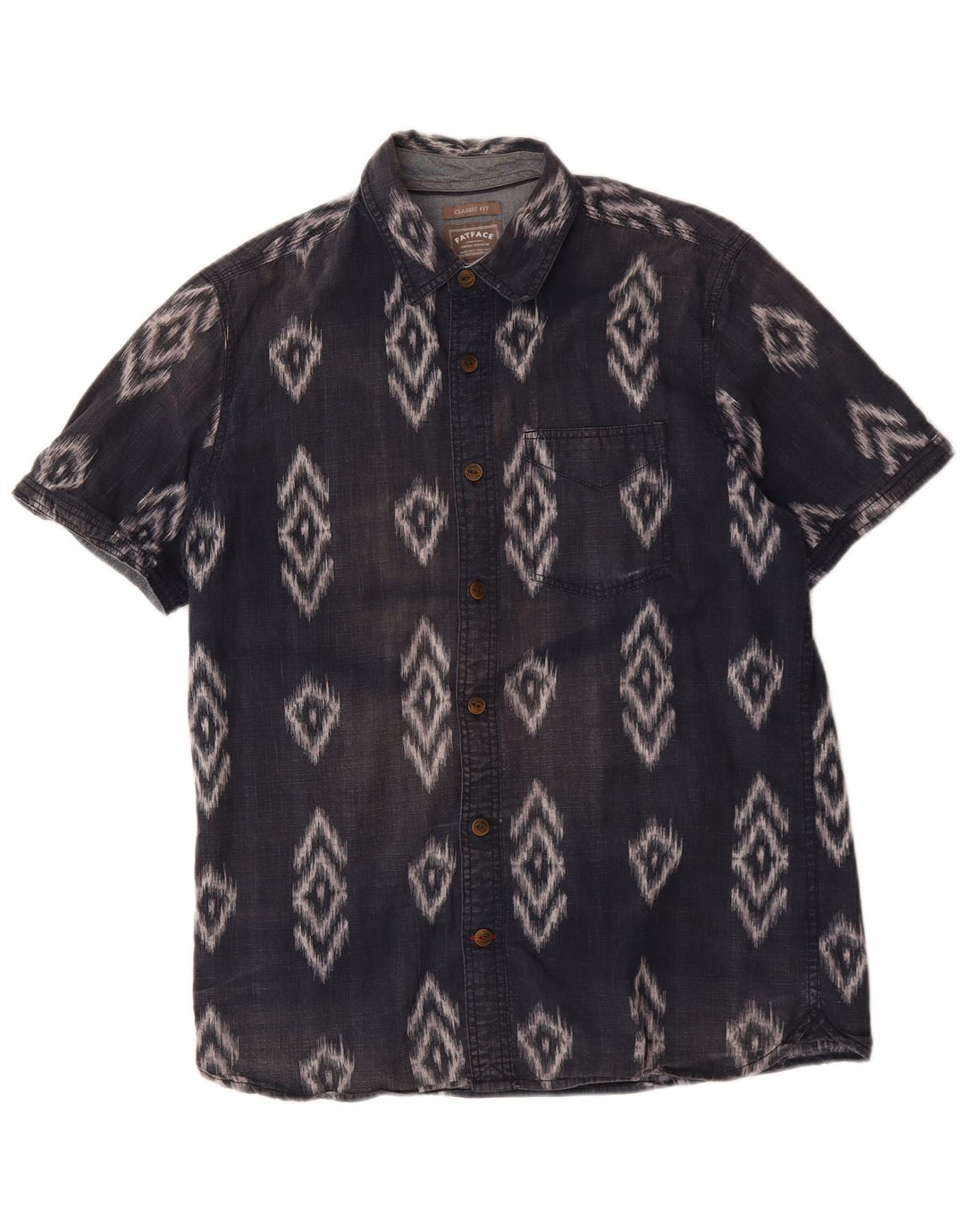 Fat Face Herre Kortærmet Classic Fit skjorte Medium Navy Blue Ikat Bomuld