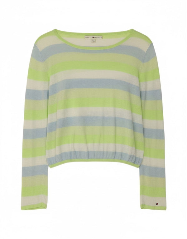 Tommy Hilfiger Dame Crop Bluse Top UK 18 XL Grøn Stribet hør