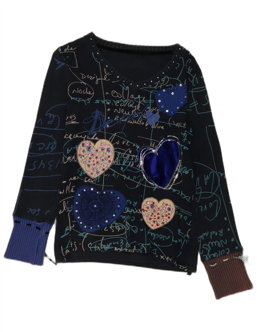 Desigual Dame Grafisk Top Langærmet UK 14 Medium Navy Blue Heart