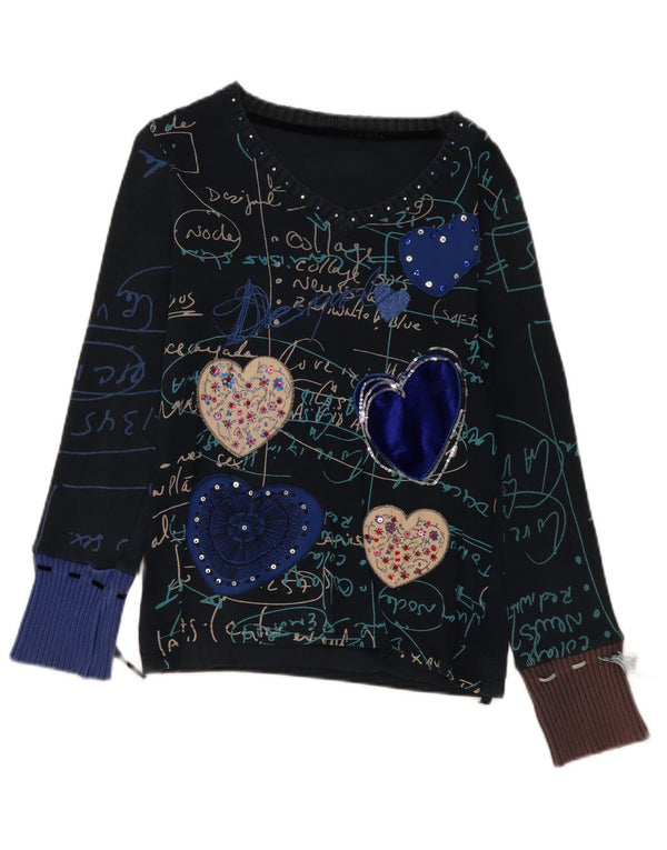 Desigual Dame Grafisk Top Langærmet UK 14 Medium Navy Blue Heart