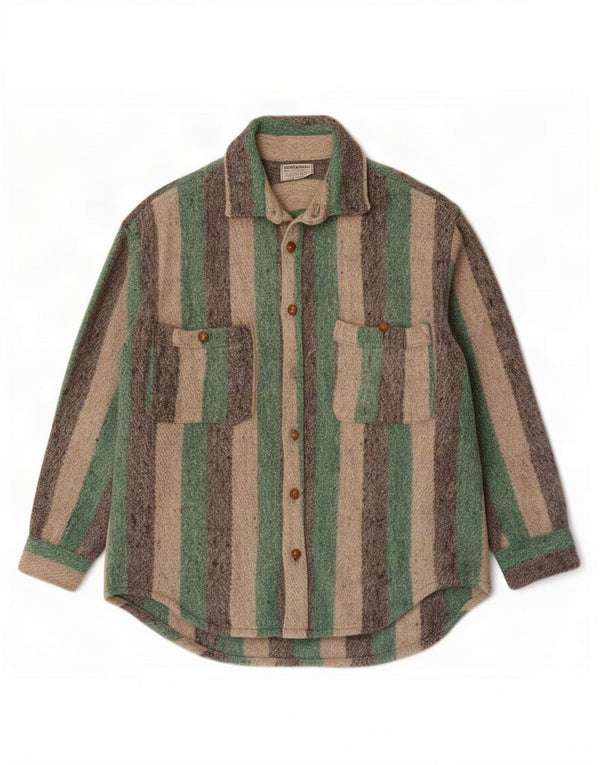 Tahuantinsuyo Herre Håndlavet Overshirt Skjorte Stor Grøn Stribet Ny Uld