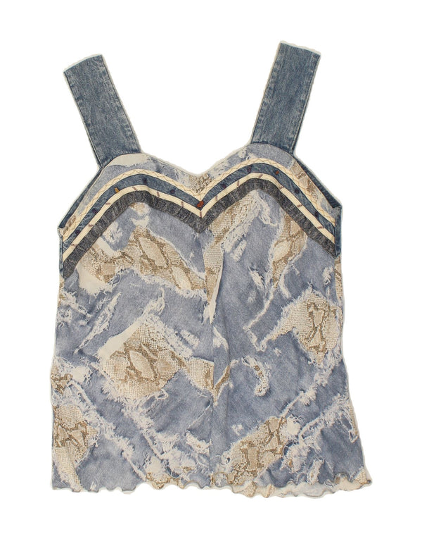 MARILU Womens Sleeveless Blouse Top UK 12 Medium Blue Patchwork Viscose